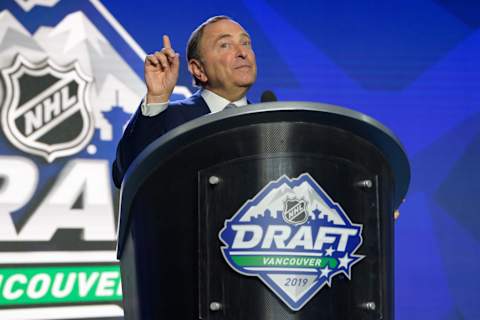 VANCOUVER, BC – JUNE 21: NHL Commissioner Gary Bettman on stage prior to the first round of the 2019 NHL Draft at Rogers Arena on June 21, 2019 in Vancouver, British Columbia, Canada. (Photo by Derek Cain/Icon Sportswire via Getty Images)