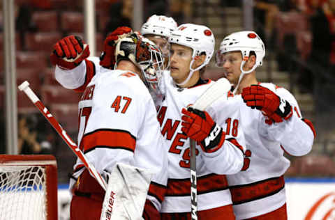 Ryan Dzingel, James Reimer, Carolina Hurricanes (Photo by Michael Reaves/Getty Images)