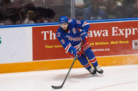 OSHAWA, ON – NOVEMBER 10: Riley Damiani #13 of the Kitchener Rangers skates during an OHL game against the Oshawa Generals at the Tribute Communities Centre on November 10, 2019 in Oshawa, Ontario, Canada. (Photo by Chris Tanouye/Getty Images)