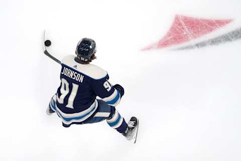 COLUMBUS, OHIO – OCTOBER 28: Kent Johnson #91 of the Columbus Blue Jackets warms up before a game against the New York Islanders at Nationwide Arena on October 28, 2023 in Columbus, Ohio. (Photo by Jason Mowry/Getty Images)