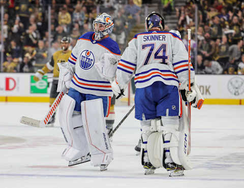 LAS VEGAS, NEVADA – MAY 12: Jack Campbell #36 of the Edmonton Oilers comes into the game to replace Stuart Skinner #74 in the second period of Game Five of the Second Round of the 2023 Stanley Cup Playoffs against the Vegas Golden Knights at T-Mobile Arena on May 12, 2023 in Las Vegas, Nevada. The Golden Knights defeated the Oilers 4-3. (Photo by Ethan Miller/Getty Images)