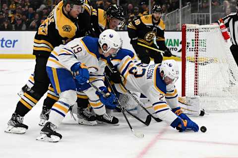 BOSTON, MASSACHUSETTS – MARCH 02: Mattias Samuelsson #23 of the Buffalo Sabres clears the puck during the third period at the TD Garden on March 02, 2023 in Boston, Massachusetts. (Photo by Brian Fluharty/Getty Images)