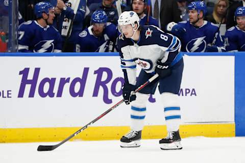 TAMPA, FL – MARCH 05: Winnipeg Jets defenseman Jacob Trouba (8) during the NHL game between the Winnipeg Jets and Tampa Bay Lightning on March 05, 2019 at Amalie Arena in Tampa, FL. (Photo by Mark LoMoglio/Icon Sportswire via Getty Images)