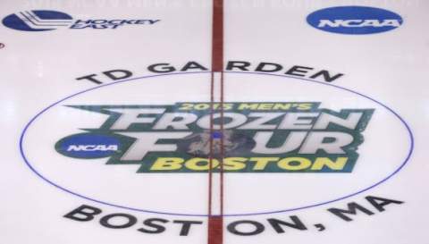 Apr 11, 2015; Boston, MA, USA; The logo in center ice before the championship game between the Boston University Terriers and the Providence College Friars in the Frozen Four college ice hockey tournament at TD Garden. Mandatory Credit: Greg M. Cooper-USA TODAY Sports