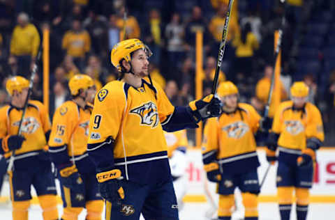 NHL Power Rankings: Nashville Predators left wing Filip Forsberg (9) celebrates after a win against the Vancouver Canucks at Bridgestone Arena. The Predators won 4-2. Mandatory Credit: Christopher Hanewinckel-USA TODAY Sports