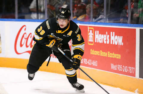 OSHAWA, ON – OCTOBER 18: Jamieson Rees #39 of the Sarnia Sting skates with the puck during an OHL game against the Oshawa Generals at the Tribute Communities Centre on October 18, 2019 in Oshawa, Ontario, Canada. (Photo by Chris Tanouye/Getty Images)