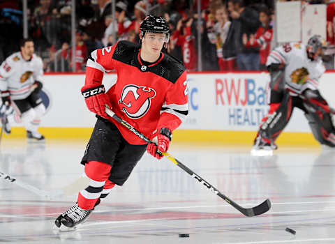 Colton White #2 of the New Jersey Devils. (Photo by Elsa/Getty Images)