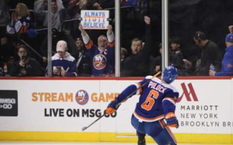 NEW YORK, NEW YORK – FEBRUARY 09: Ryan Pulock #6 of the New York Islanders celebrates his game winning goal at 2:23 of overtime against the Colorado Avalanche at the Barclays Center on February 09, 2019 in the Brooklyn borough of New York City. The Islanders defeated the Avalanche 4-3. (Photo by Bruce Bennett/Getty Images)