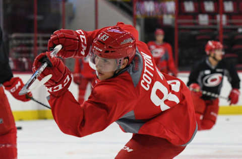 RALEIGH, NC – JUNE 28: Carolina Hurricanes Center David Cotton (83) takes a shot during the Carolina Hurricanes Development Camp on June 28, 2017 at the PNC Arena in Raleigh, NC. (Photo by Greg Thompson/Icon Sportswire via Getty Images)