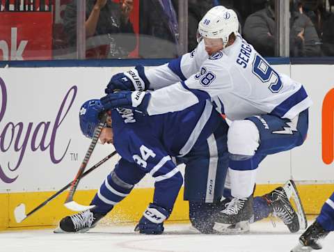 TORONTO, ON – OCTOBER 10: Mikhail Sergachev #98 of the Tampa Bay Lightning drills Auston Matthews #34   (Photo by Claus Andersen/Getty Images)