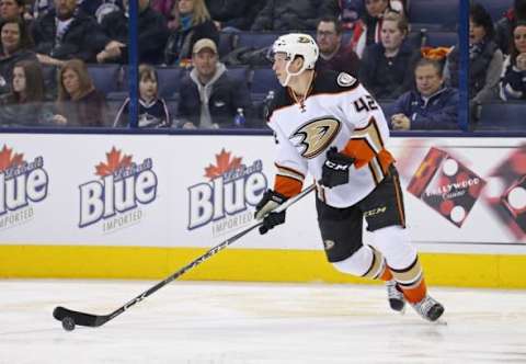 Feb 11, 2016; Columbus, OH, USA; Anaheim Ducks defenseman Josh Manson (42) against the Columbus Blue Jackets at Nationwide Arena. The Blue Jackets won 4-3 in a shootout. Mandatory Credit: Aaron Doster-USA TODAY Sports