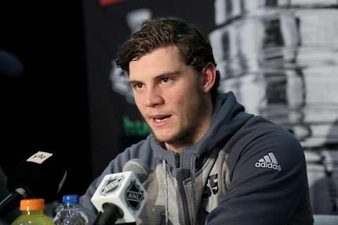 LAS VEGAS, NV – MAY 27: Andre Burakovsky #65 of the Washington Capitals answers questions during Media Day for the 2018 NHL Stanley Cup Final at T-Mobile Arena on May 27, 2018 in Las Vegas, Nevada. (Photo by Bruce Bennett/Getty Images)