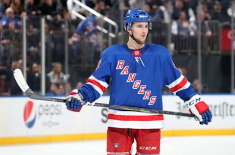 NEW YORK, NY – NOVEMBER 06: Neal Pionk #44 of the New York Rangers looks on against the Montreal Canadiens at Madison Square Garden on November 6, 2018 in New York City. The New York Rangers won 5-3. (Photo by Jared Silber/NHLI via Getty Images)