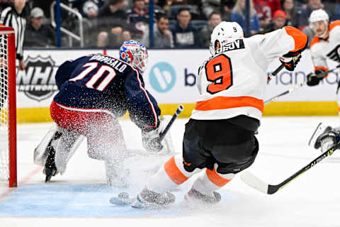 Nov 10, 2022; Columbus, Ohio, USA; Philadelphia Flyers defenseman Ivan Provorov (9) scores a goal against Columbus Blue Jackets goaltender Joonas Korpisalo (70) in the third period at Nationwide Arena. Mandatory Credit: Gaelen Morse-USA TODAY Sports