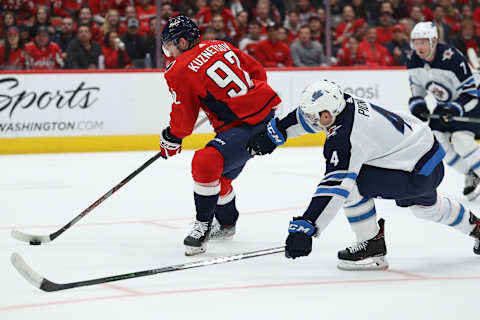 WASHINGTON, DC – FEBRUARY 25: Evgeny Kuznetsov #92 of the Washington Capitals skates against the Winnipeg Jets during the second period at Capital One Arena on February 25, 2020 in Washington, DC. (Photo by Patrick Smith/Getty Images)