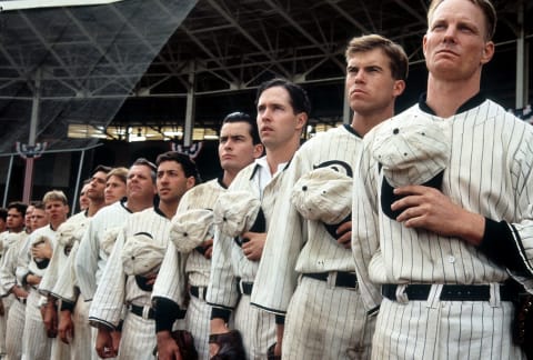 Charlie Sheen standing with fellow players in a scene from the film ‘Eight Men Out’, 1988. (Photo by Orion/Getty Images)