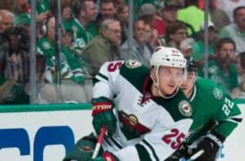 Apr 16, 2016; Dallas, TX, USA; Minnesota Wild defenseman Jonas Brodin (25) skates against the Dallas Stars in game two of the first round of the 2016 Stanley Cup Playoffs at the American Airlines Center. The Stars defeat the Wild 2-1. Mandatory Credit: Jerome Miron-USA TODAY Sports