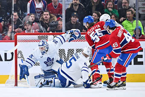 MONTREAL, CANADA – JANUARY 21: Ilya Samsonov #35 of the Toronto Maple Leafs tends net during the first period against the Montreal Canadiens at Centre Bell on January 21, 2023 in Montreal, Quebec, Canada. The Montreal Canadiens defeated the Toronto Maple Leafs 3-2 in overtime. (Photo by Minas Panagiotakis/Getty Images)