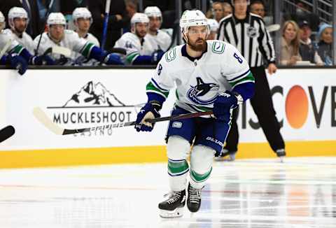 SEATTLE, WASHINGTON – OCTOBER 23: Conor Garland #8 of the Vancouver Canucks skates against the Seattle Kraken during the franchise’s inaugural home game at the Climate Pledge Arena on October 23, 2021 in Seattle, Washington. (Photo by Bruce Bennett/Getty Images)