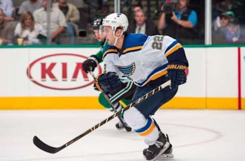 Mar 12, 2016; Dallas, TX, USA; St. Louis Blues defenseman Kevin Shattenkirk (22) skates against the Dallas Stars during the game at the American Airlines Center. The Blues defeat the Stars 5-4 in overtime. Mandatory Credit: Jerome Miron-USA TODAY Sports