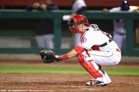 Oct 18, 2016; Scottsdale, AZ, USA; Scottsdale Scorpions catcher Taylor Ward of the Los Angeles Angels against the Surprise Saguaros during an Arizona Fall League game at Scottsdale Stadium. Mandatory Credit: Mark J. Rebilas-USA TODAY Sports