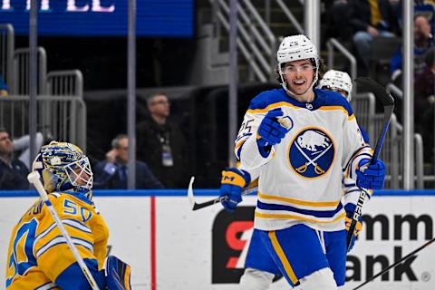 Jan 24, 2023; St. Louis, Missouri, USA; Buffalo Sabres defenseman Owen Power (25) reacts after scoring against St. Louis Blues goaltender Jordan Binnington (50) during the first period at Enterprise Center. Mandatory Credit: Jeff Curry-USA TODAY Sports