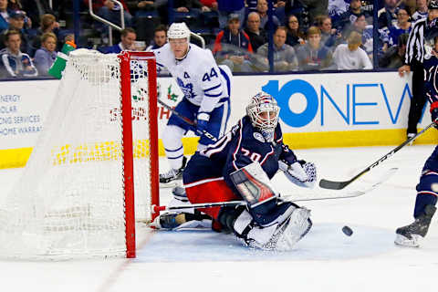 COLUMBUS, OH – DECEMBER 20: Joonas Korpisalo #70 of the Columbus Blue Jackets makes a save during the third period of the game against the Toronto Maple Leafs  . (Photo by Kirk Irwin/Getty Images)