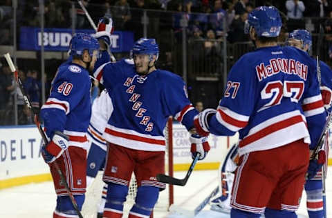 Nov 3, 2016; New York, NY, USA; New York Rangers right wing Michael Grabner (40) celebrates with teammates after scoring a goal against the Edmonton Oilers during the second period at Madison Square Garden. Mandatory Credit: Brad Penner-USA TODAY Sports