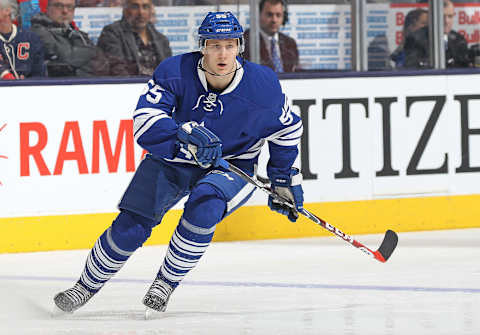 TORONTO, ON – FEBRUARY 18: Viktor Loov #55 of the Toronto Maple Leafs skates against the New York Rangers during an NHL game at the Air Canada Centre on February 18, 2016 in Toronto, Ontario, Canada. The Rangers defeated the Maple Leafs 4-2. (Photo by Claus Andersen/Getty Images)