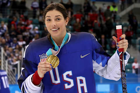 Hilary Knight #21 of the United States celebrates after defeating Canada in a shootout in the Women’s Gold Medal Game of the PyeongChang 2018 Winter Olympic Games. (Photo by Bruce Bennett/Getty Images)