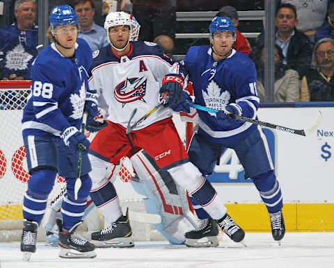 TORONTO, ON – OCTOBER 21: Seth Jones #3 of the Columbus Blue Jackets defends against the Toronto Maple Leafs   (Photo by Claus Andersen/Getty Images)