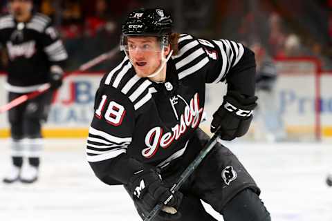 Dawson Mercer #18 of the New Jersey Devils. (Photo by Rich Graessle/Getty Images)