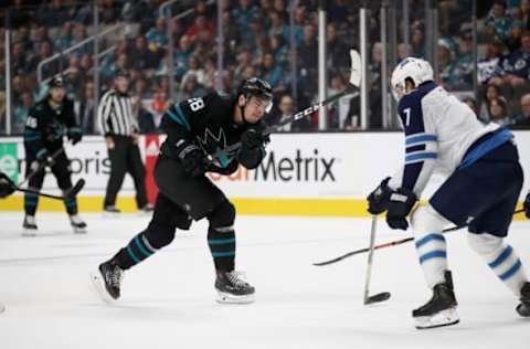 Timo Meier (28) of the San Jose Sharks against the Winnipeg Jets (Photo by Ezra Shaw/Getty Images)