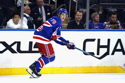 NEW YORK, NEW YORK – SEPTEMBER 28: Brennan Othmann #78 of the New York Rangers skates against the Boston Bruins at Madison Square Garden on September 28, 2021, in New York City. (Photo by Bruce Bennett/Getty Images)