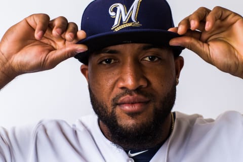 MARYVALE, AZ – FEBRUARY 22: Domingo Santana of the Milwaukee Brewers poses for a portrait during Photo Day at the Milwaukee Brewers Spring Training Complex on February 22, 2018, in Maryvale, Arizona. (Photo by Rob Tringali/Getty Images)