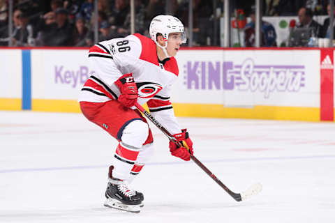 DENVER, CO – NOVEMBER 02: Teuvo Teravainen #86 of the Carolina Hurricanes skates against the Colorado Avalanche at the Pepsi Center on November 2, 2017 in Denver, Colorado. The Avalanche defeated the Hurricanes 5-3. (Photo by Michael Martin/NHLI via Getty Images)