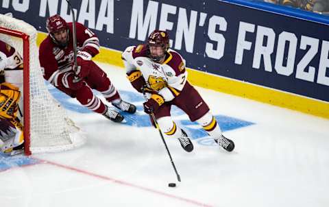 BUFFALO, NY – APRIL 13: Scott Perunovich #7 of the Minnesota Duluth Bulldogs skates against the Massachusetts Minutemen during the 2019 NCAA Division I Men’s Hockey Frozen Four Championship final at the KeyBank Center on April 13, 2019 in Buffalo, New York. The Bulldogs won the game 3-0 and captured their second consecutive NCAA national championship. (Photo by Richard T Gagnon/Getty Images)