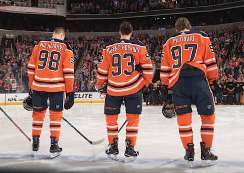 EDMONTON, AB – JANUARY 22: Jesse Puljujarvi #98, Ryan Nugent-Hopkins #93 and Connor McDavid #97 of the Edmonton Oilers skate against the Detroit Red Wings on January 22, 2019 at Rogers Place in Edmonton, Alberta, Canada. (Photo by Andy Devlin/NHLI via Getty Images)