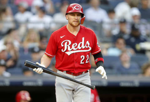 NEW YORK, NEW YORK – JULY 13: Brandon Drury #22 of the Cincinnati Reds in action against the New York Yankees at Yankee Stadium on July 13, 2022 in New York City. The Yankees defeated the Reds 7-6 in ten innings. (Photo by Jim McIsaac/Getty Images)