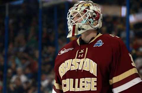 Apr 7, 2016; Tampa, FL, USA; Boston College Eagles goalie Thatcher Demko (30) looks on during the second period of the semifinals of the 2016 Frozen Four college ice hockey tournament against the Quinnipiac Bobcats at Amalie Arena. Mandatory Credit: Kim Klement-USA TODAY Sports