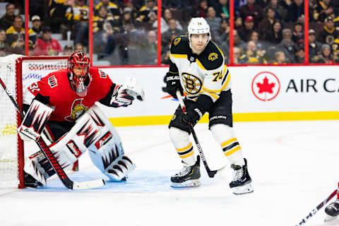 OTTAWA, ON – NOVEMBER 27: Boston Bruins Left Wing Jake DeBrusk (74) sets up in front of Ottawa Senators Goalie Anders Nilsson (31) during third period National Hockey League action between the Boston Bruins and Ottawa Senators on November 27, 2019, at Canadian Tire Centre in Ottawa, ON, Canada. (Photo by Richard A. Whittaker/Icon Sportswire via Getty Images)