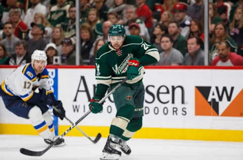 Minnesota Wild defenseman Matt Dumba (24) passes in the second period against the St Louis Blues (Brad Rempel-USA TODAY Sports)