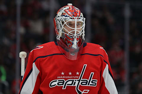 WASHINGTON, DC – JANUARY 07: Goalie Ilya Samsonov #30 of the Washington Capitals looks on against the Ottawa Senators during the third period at Capital One Arena on January 07, 2020 in Washington, DC. (Photo by Patrick Smith/Getty Images)