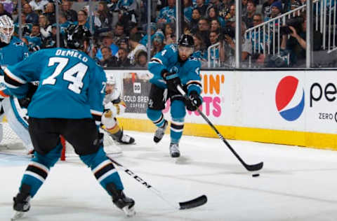 SAN JOSE, CA – MAY 02: Brenden Dillon #4 of the San Jose Sharks passes the puck against the Vegas Golden Knights in Game Four of the Western Conference Second Round during the 2018 NHL Stanley Cup Playoffs at SAP Center on May 2, 2018 in San Jose, California. (Photo by Rocky W. Widner/NHL/Getty Images) *** Local Caption *** Brenden Dillon