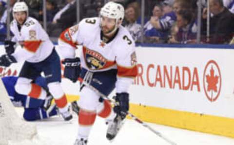 Mar 28, 2017; Toronto, Ontario, CAN; Florida Panthers defenceman Keith Yandle (3) looks to make a pass against Toronto Maple Leafs in the first period at Air Canada Centre. Mandatory Credit: Dan Hamilton-USA TODAY Sports