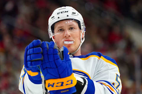 Dec 4, 2021; Raleigh, North Carolina, USA; Buffalo Sabres left wing Jeff Skinner (53) looks on during the second period against the Carolina Hurricanes at PNC Arena. Mandatory Credit: James Guillory-USA TODAY Sports