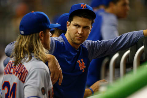 MIAMI, FL – APRIL 09: Noah Syndergaard #34 of the New York Mets talks with Jacob deGrom #48 against the Miami Marlins at Marlins Park on April 9, 2018 in Miami, Florida. (Photo by Michael Reaves/Getty Images)