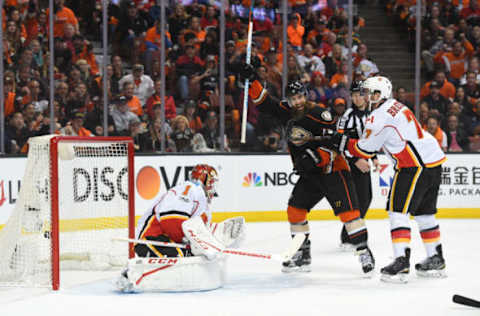 ANAHEIM, CA: Anaheim Ducks Right Wing Patrick Eaves (18) celebrates after assisting on scoring the Ducks third goal of the game in the second period during game 1 of the first round of the 2017 NHL Stanley Cup Playoffs between the Calgary Flames and the Anaheim Ducks  The Ducks defeated the Flames 3-2. (Photo by Chris Williams/Icon Sportswire via Getty Images)