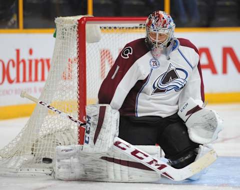 Apr 5, 2016; Nashville, TN, USA; Colorado Avalanche goalie Semyon Varlamov (1) makes a save during the third period against the Nashville Predators at Bridgestone Arena. Mandatory Credit: Christopher Hanewinckel-USA TODAY Sports