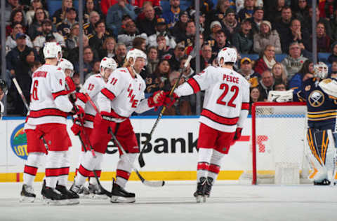 BUFFALO, NY – NOVEMBER 14: Jordan Staal #11 of the Carolina Hurricanes celebrates his goal with teammates during an NHL game against the Buffalo Sabres on November 14, 2019 at KeyBank Center in Buffalo, New York. (Photo by Bill Wippert/NHLI via Getty Images)